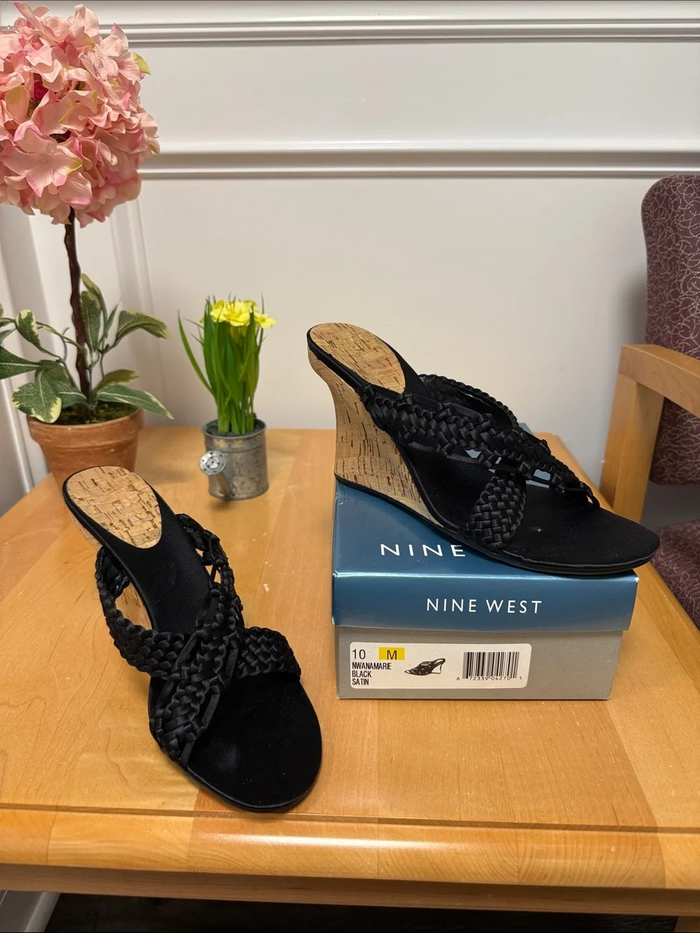 Nine West Black Braided Cork Wedge Sandals